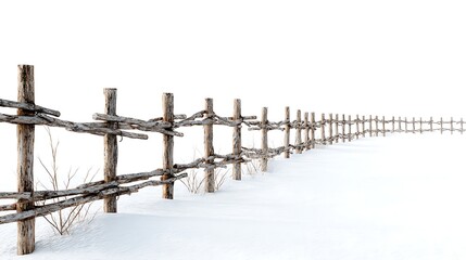 Fototapeta premium Rustic Wooden Fence in Snow, Winter Landscape, Rural Scene, White Background