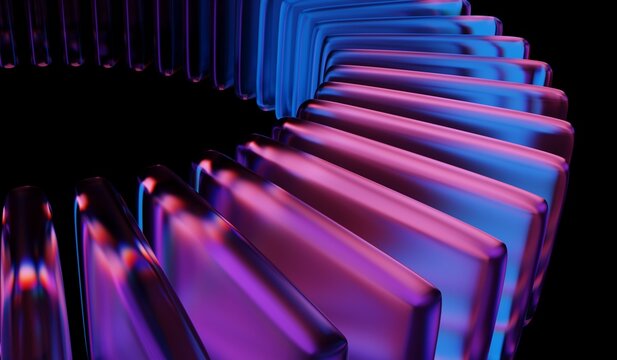 Glass chromatic cube block shapes render with neon light holographic gradient and blue purple caustic effect on black 3D background. Abstract crystal pattern. 3D illustration