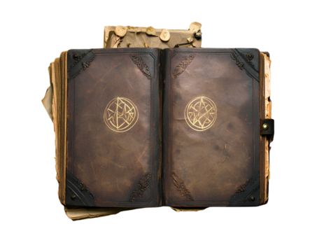 An aged witch's dark spell book with runes on an isolated on transparent background.