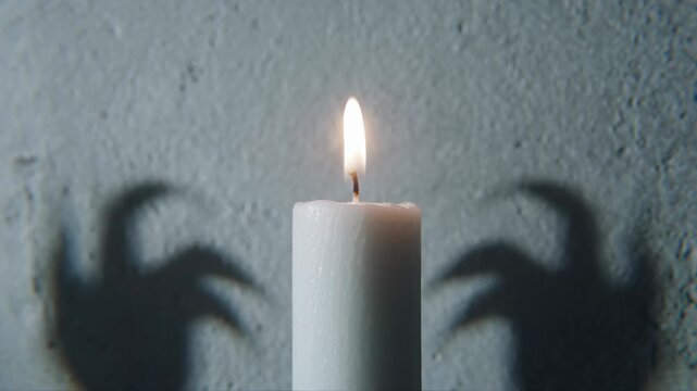An unsettling video of a flickering candle casting morphing, sinister shadows on a wall. Great for creating a spooky atmosphere in horror films, trailers, or as a background