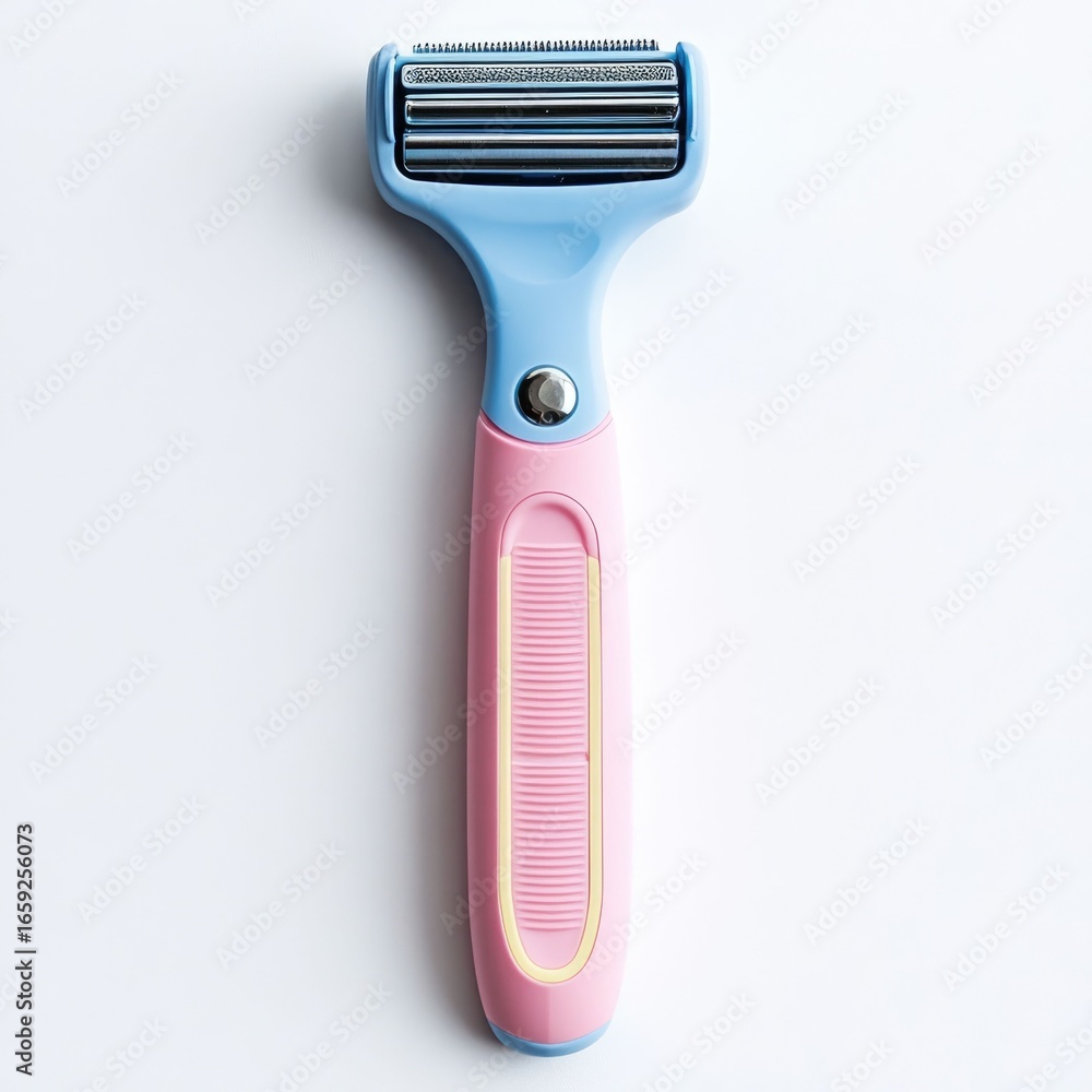 Poster a close up image of a compact modern facial razor in a soft pastel color palette isolated against a 