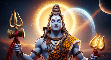Lord Shiva, the Hindu deity, depicted in a serene, meditative pose with his iconic trident and celestial aura.