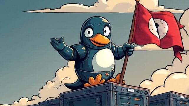 armored penguin holding security flag on server rack