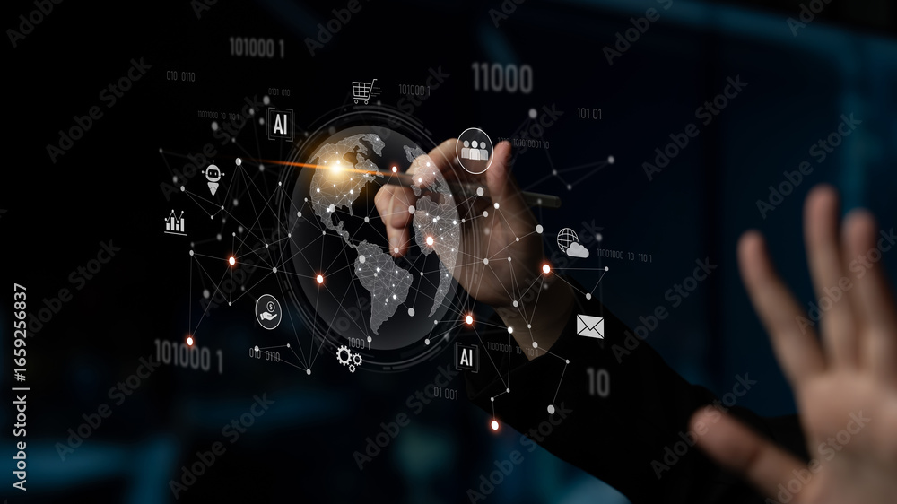 Poster global ai-powered digital network ecosystem connecting data, finance, analytics, ecommerce, communic