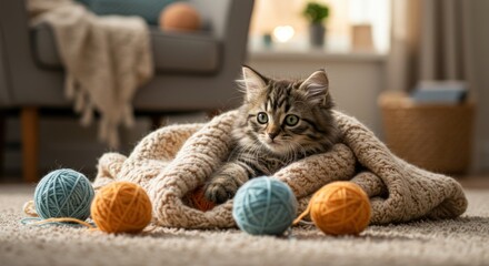 Adorable tabby kitten nestled in cozy knit blanket with yarn balls in warm home interior