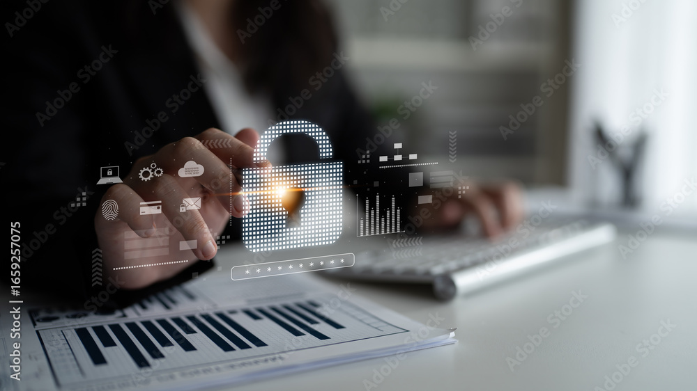 Poster cybersecurity protection system showing password encryption, fingerprint id, cloud security, email, 