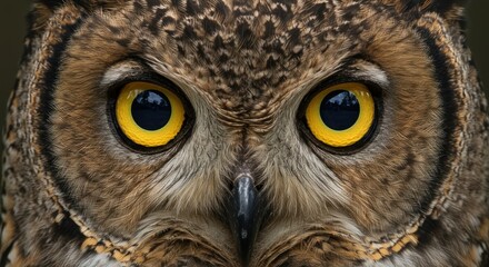 Obraz premium Close-up of an owl's face. Its piercing yellow eyes stare intently forward. The details of feathers are visible, displaying brown and tan hues