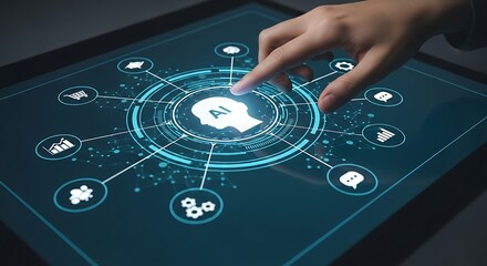 Human finger interacts with futuristic glowing digital interface displaying network connections and icons symbolizing technology