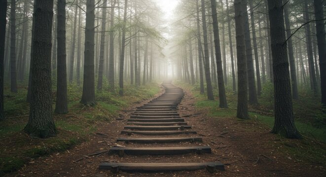 A wooden staircase winds through a foggy forest, framed by tall trees with green foliage, leading into an ethereal white light