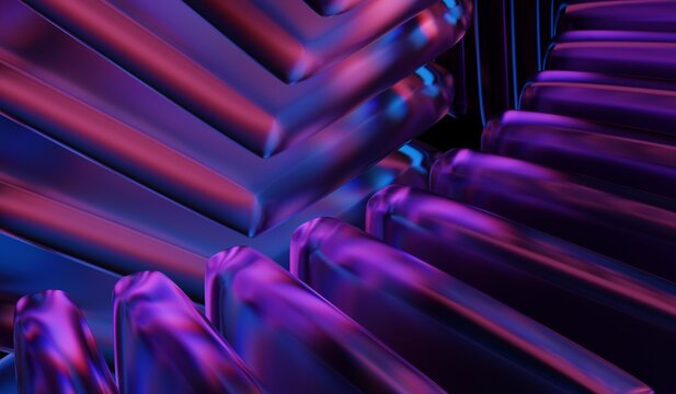 Abstract crystal pattern, glass chromatic cube block shapes render, neon light holographic gradient, and blue purple caustic effect on black 3D background. 3D illustration