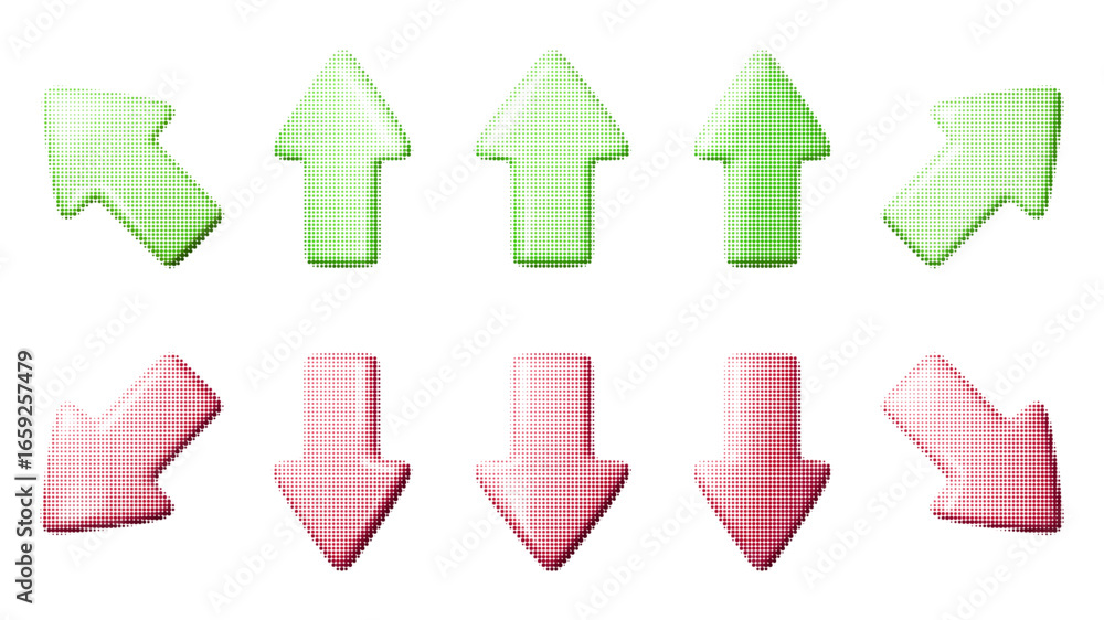 Poster vector set of green upward and red downward arrows with halftone texture. abstract dotted design ele