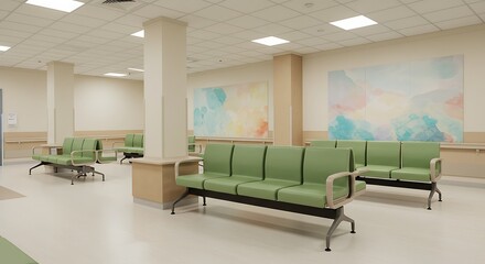 Empty modern hospital waiting room with rows of green chairs and pastel artwork.