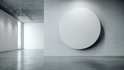 Minimalist gallery interior with large, blank circular canvas on concrete wall