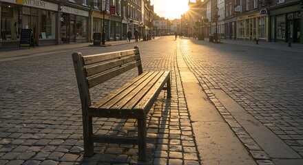 Empty wooden bench on cobblestone street at sunset with sun rays