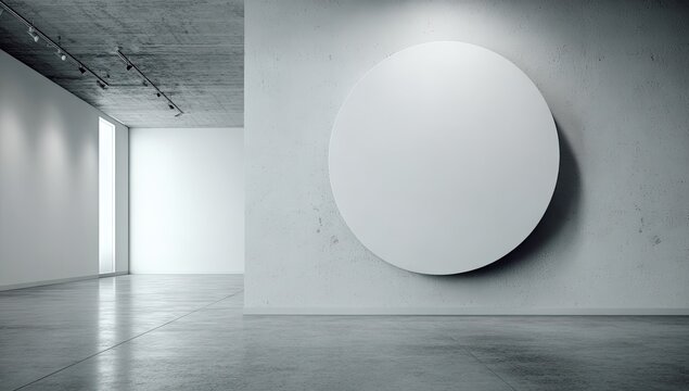 Minimalist gallery interior with large, blank circular canvas on concrete wall