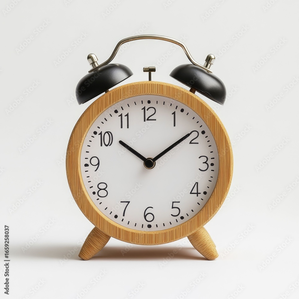 Poster minimalist and elegant analog table clock in neutral colors such as beige and black placed on a plai
