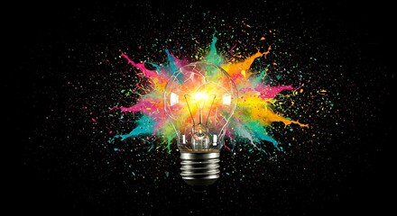 Exploding Light Bulb with Colorful Paint Splatter on Black Background