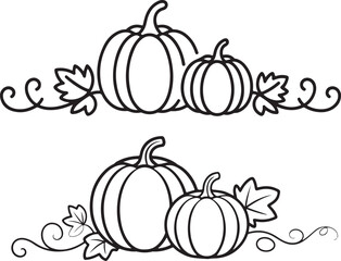 A set of two black and white illustrations, each depicting two pumpkins of different sizes. The pumpkins are arranged with decorative elements like stylized leaves and curling vines, creating a symmet