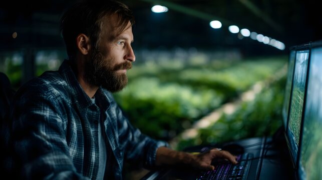 Farmer monitoring a smart farm control room at night