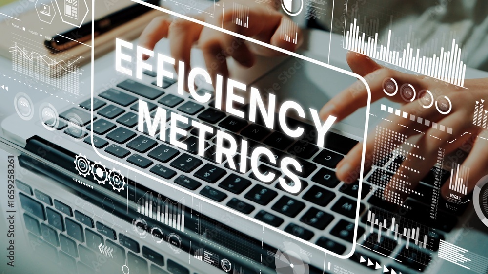 Poster businessperson analyzing efficiency metrics on a laptop with graphs and data visualizations in the b