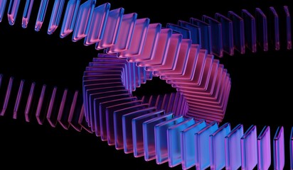 Black 3D background featuring glass chromatic cube block shapes render with abstract crystal pattern, neon light holographic gradient, and blue purple caustic effect. 3D illustration
