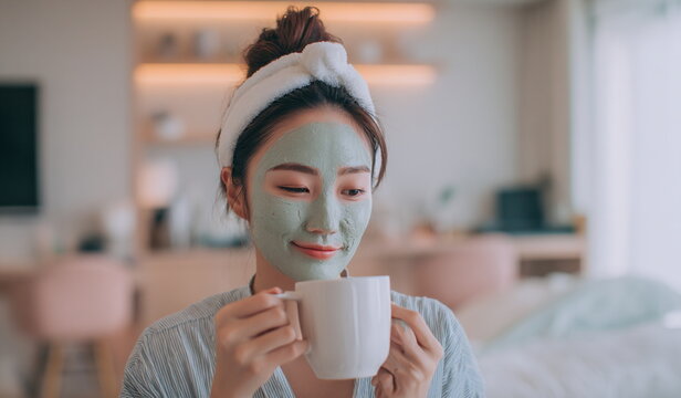 Self-care routine moment — woman with a clay mask holding a mug in cozy surroundings. Wellness and mindfulness blend in one gentle scene.
