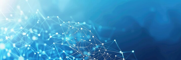 Blue background with white network connections and dots on light blue gradient, technology or digital connection concept banner