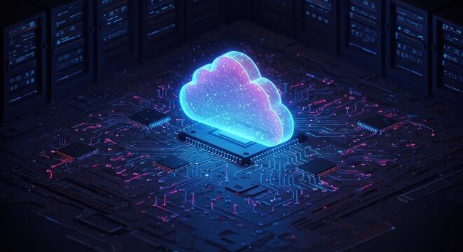 Glowing cloud icon atop a circuit board, rendered in neon blue and pink - Powered by Adobe