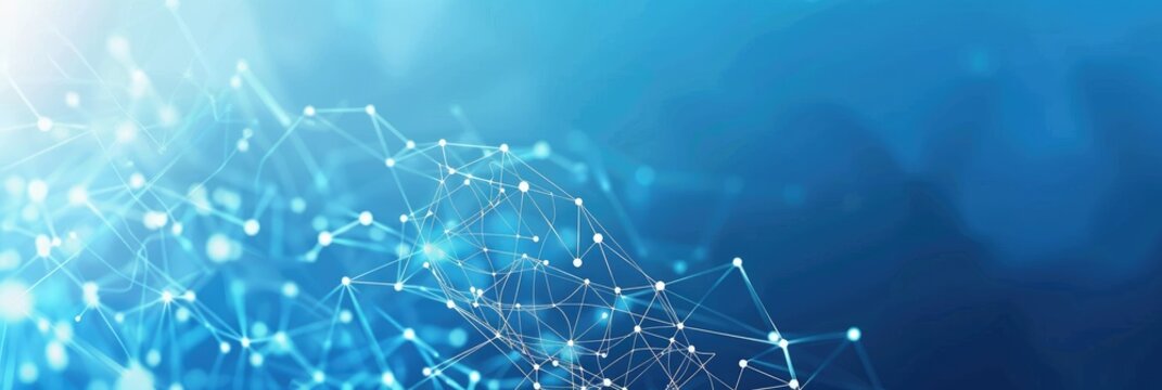 Blue background with white network connections and dots on light blue gradient, technology or digital connection concept banner