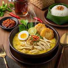 Chicken Soto in Bowl with Side Dishes and Egg