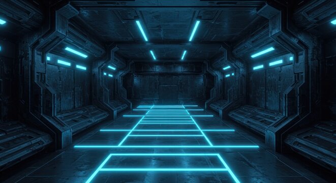 Futuristic, dark corridor with neon blue lighting, detailed metal walls and floor