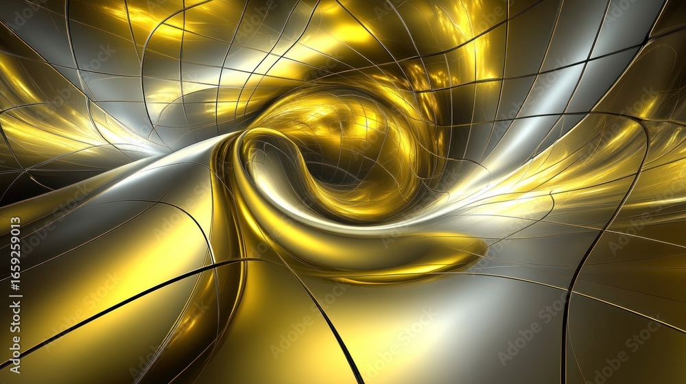 Poster abstract golden vortex with metallic grid lines creates a luxurious effect