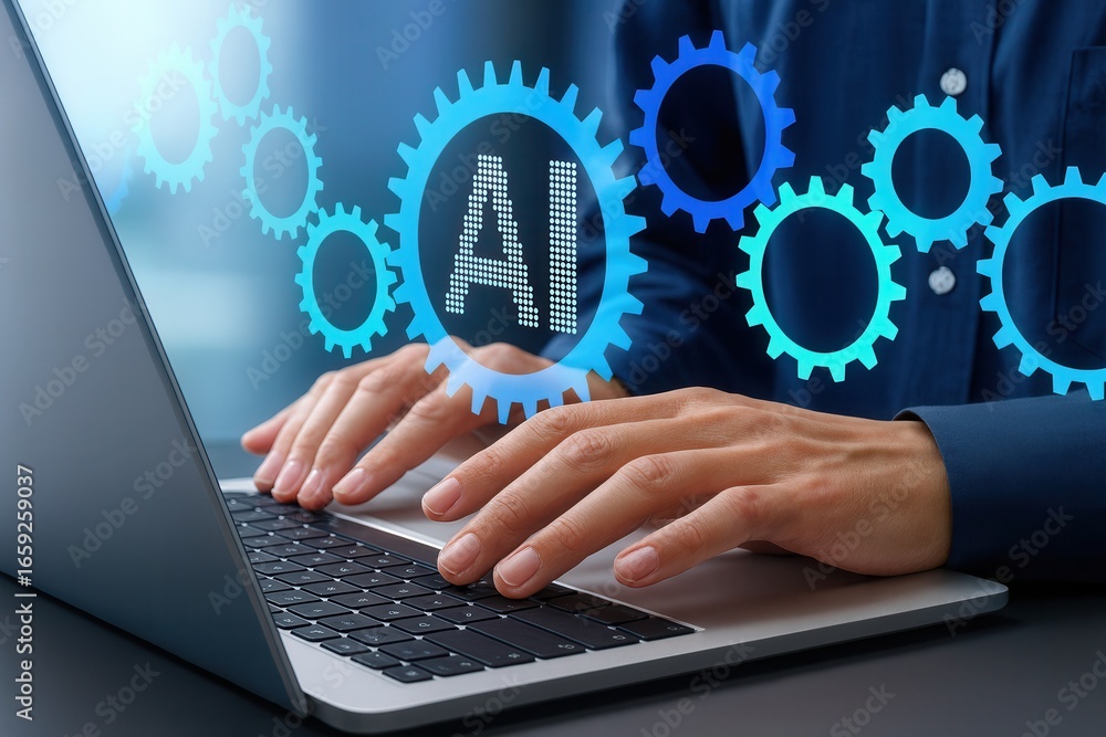 Poster hands typing on laptop with ai technology icons and gears,representing artificial intelligence,autom