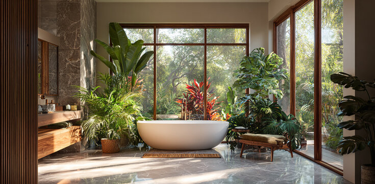 Bright and airy bathroom interior featuring a modern bathtub, surrounded by lush greenery and a large window with garden view - Powered by Adobe