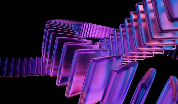 3D illustration showing black 3D background, neon light holographic gradient, abstract crystal pattern, blue purple caustic effect, and glass chromatic cube block shapes render