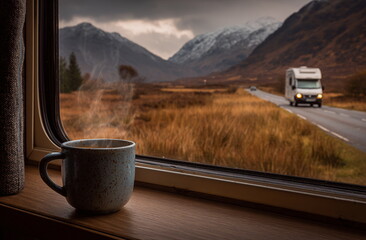 Steam rises from a coffee mug by the window overlooking a misty mountain road. The cozy moment captures the spirit of autumn travel and vanlife adventures.