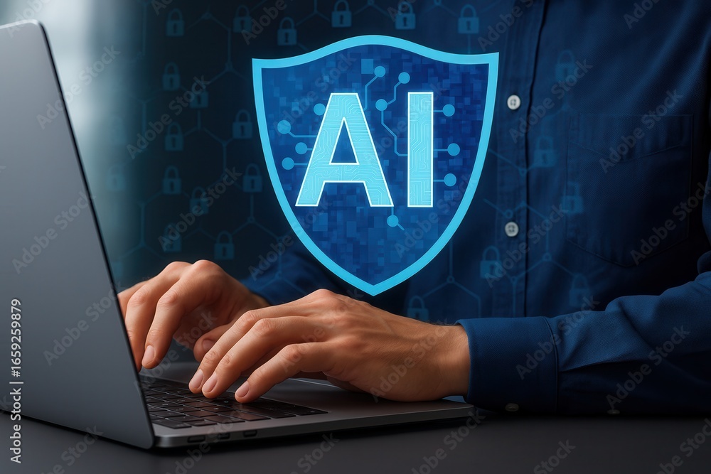 Poster cyber security in artificial intelligence,digital ai protection with shield icon,data protection sys