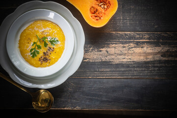 Pumpkin butternut squash cream soup .Copy space.