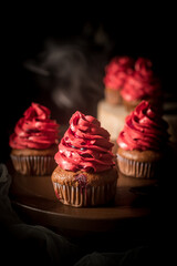 Homemade red cake for Halloween. Festive food concept. Background.