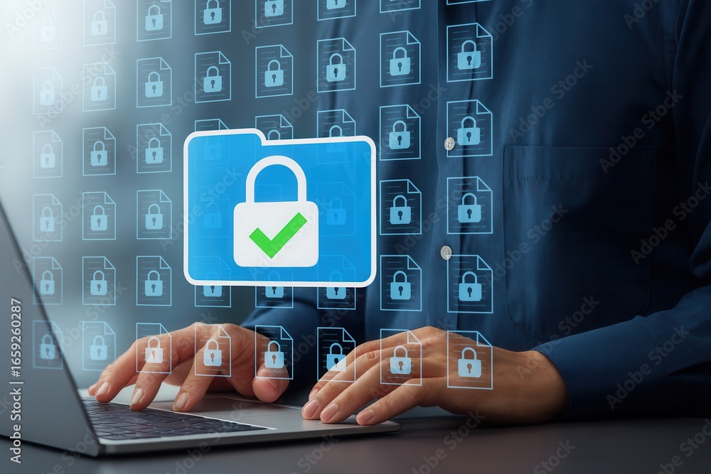Poster cybersecurity data protection system with lock icons overlay on man typing on laptop,secure file enc
