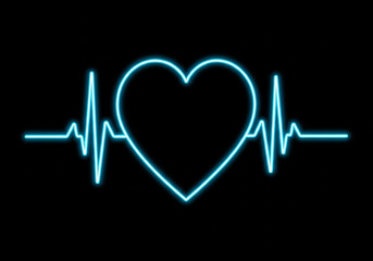 Glowing neon heart beat line illustration on a black background, representing a vital sign of life and health monitoring