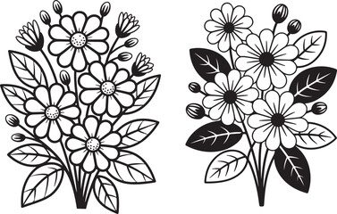 A set of two stylized bouquets of flowers in a black and white line art format. The illustrations depict blooming flowers with detailed leaves and buds, perfect for coloring or decorative purposes.