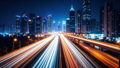 Fototapeta premium Night city highway with blurred lights