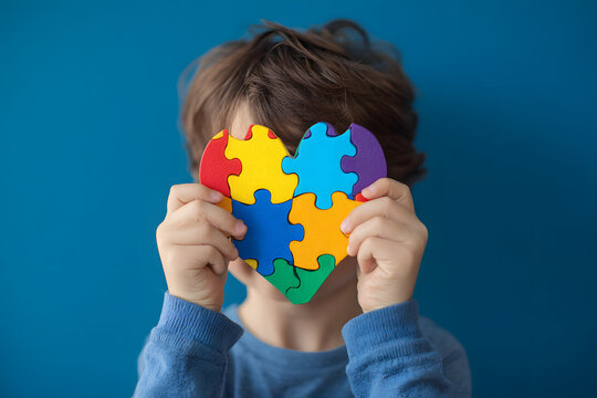 Boy holding colorful puzzle heart in front of his face. World autism awareness day concept