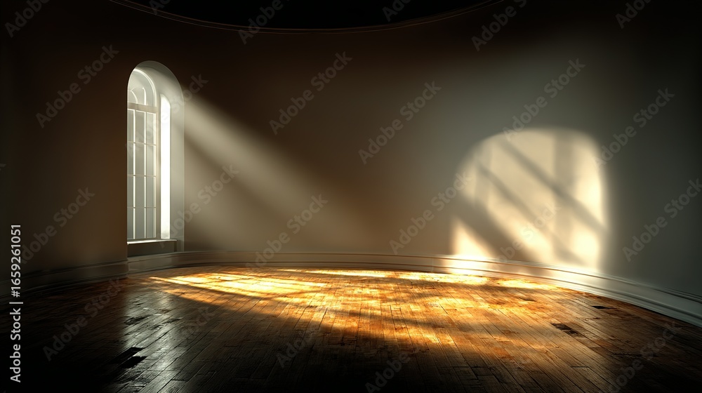 Poster light streams through a window illuminating the floor in a dark room.