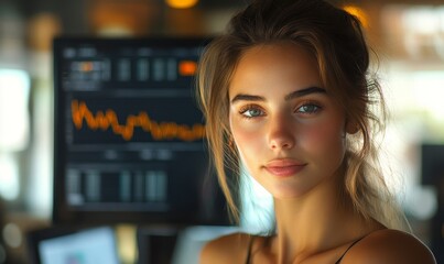 Candid young businesswoman analyzing stock market trends on a digital tech screen in the office. The image captures a positive, proactive approach to investing, with ample space, Generative AI