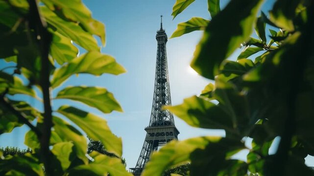 The iconic eiffel tower majestically rises above the sunny parisian skyline, beautifully framed by vibrant green leaves, capturing the essence of a charming day in paris.