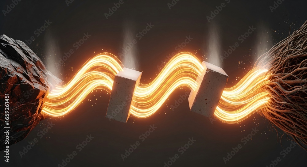 Poster abstract energy flow between rock, cube and roots in 3d rendering.