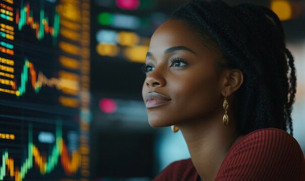 Happy African American businesswoman analyzing stock market data on a digital tech screen in the office. The image features a candid female investor reviewing trends and graphs, Generative AI