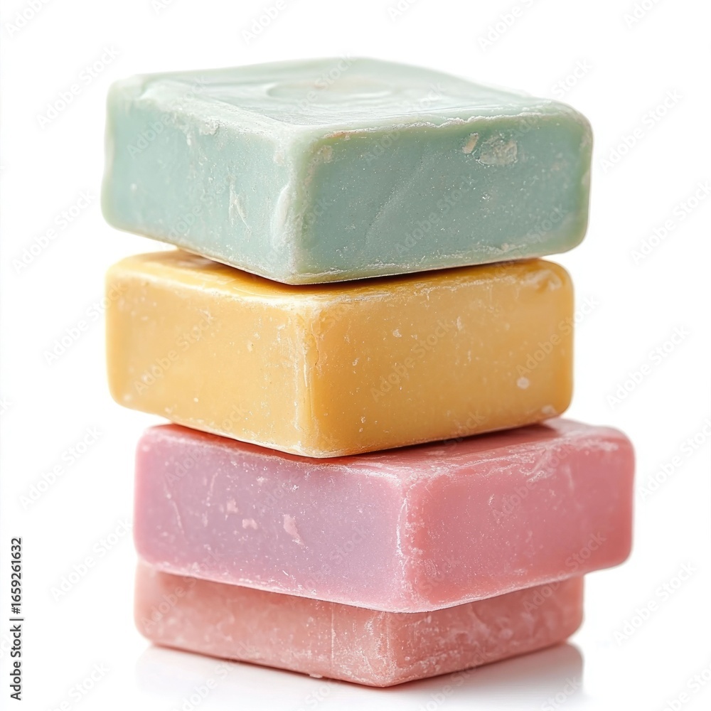 Poster handmade artisanal soap bars in pastel colors with a soft textured surface displayed on a clean whit